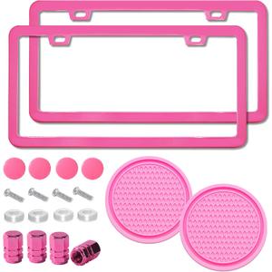 2 Pack License Plate Frame for Car Matte Metal Aluminum Rust-Proof License Plate Holder Cover Gloss Black Front Rear Number Tag Frame for Men Women Universal Fit (Pink)