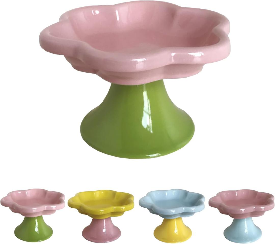 Ceramic Elevated Cat Bowls Flower Dish,Small Raised Dish.Flower Ceramic Raised Bowls for Cats and Small Dogs reducing pets Neck Bending and Pressure Pink Green
