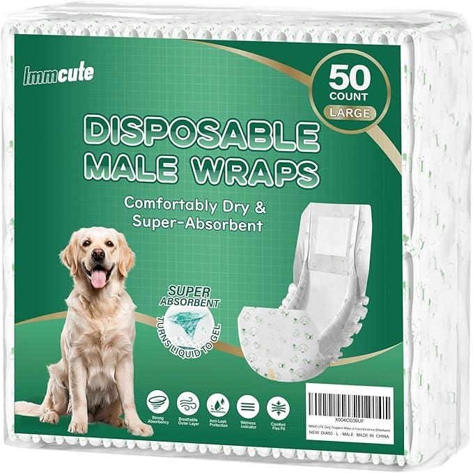 IMMCUTE Male Dog Wraps 50 Ct, Large Size, Male Dog Diapers Disposable, Super Absorbent Leak-Proof Doggy Diapers,Belly Bands for Dogs with Wetness Indicator, Ideal for Indoor, Outdoor