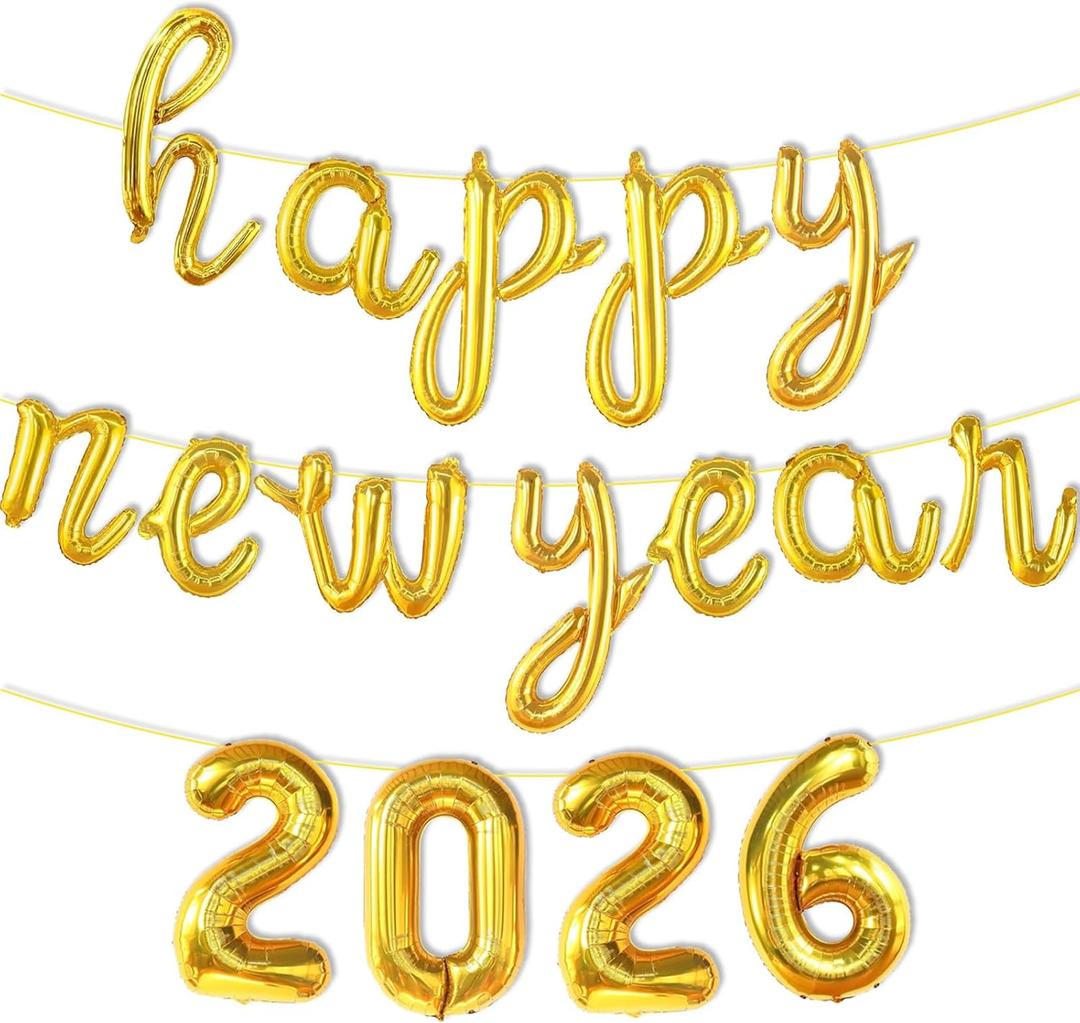 2026 New Years Balloons - 16 Inch Script Happy New Year Balloons - Gold Foil 2026 Balloon for 2026 New Years Eve Party Supplies - Happy New Year Decorations 2026