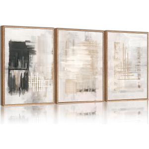 HPINUB Modern Abstract Canvas Wall Art, Set of 3 Framed Art Prints, Black and White Large Wall Painting, 16x24inch Neutral Minimalist Wall Decor for Living Room, Bedroom, Dining Room, Office, Bathroom (16"x24"x3, Abstract Black and White Wall Art)