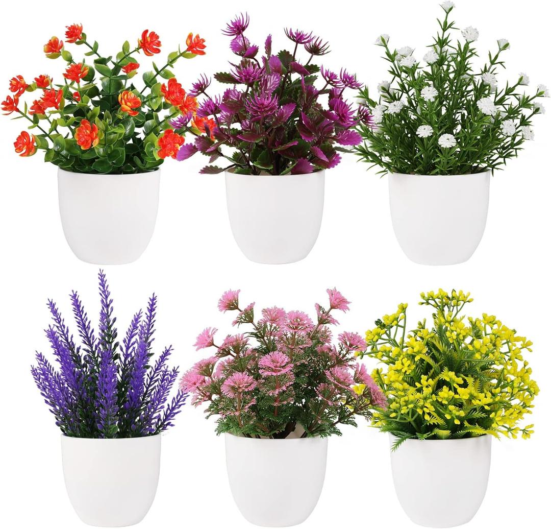 Yoratee Artificial Small Plant 6pcs Fake Flower Potted Plant Bathroom Faux Plant for Indoor Decor Window Tabletop Office Colorful Flower
