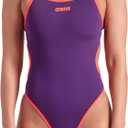 ARENA Women's Challenge Back Performance Solid Reversible One Piece Swimsuit (34, Water/Plum/Bright Coral)