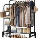 Clothes Rack for Hanging Clothes, Double Rods Clothing Rack with 3 Tier Storage Shelves, Multifunctional Heavy Duty Garment Rack for Bedroom, Laundry, Living Room, Black