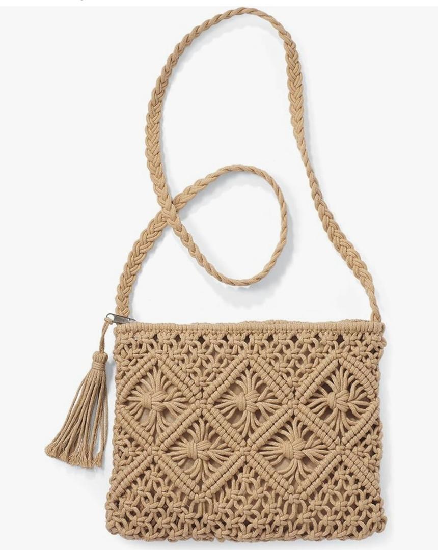 Woven Crossbody Bag for Women, Cotton Macramé Purse with Tassels, Boho Crochet Beach Summer Handbag for Vacations, 10” x 8”