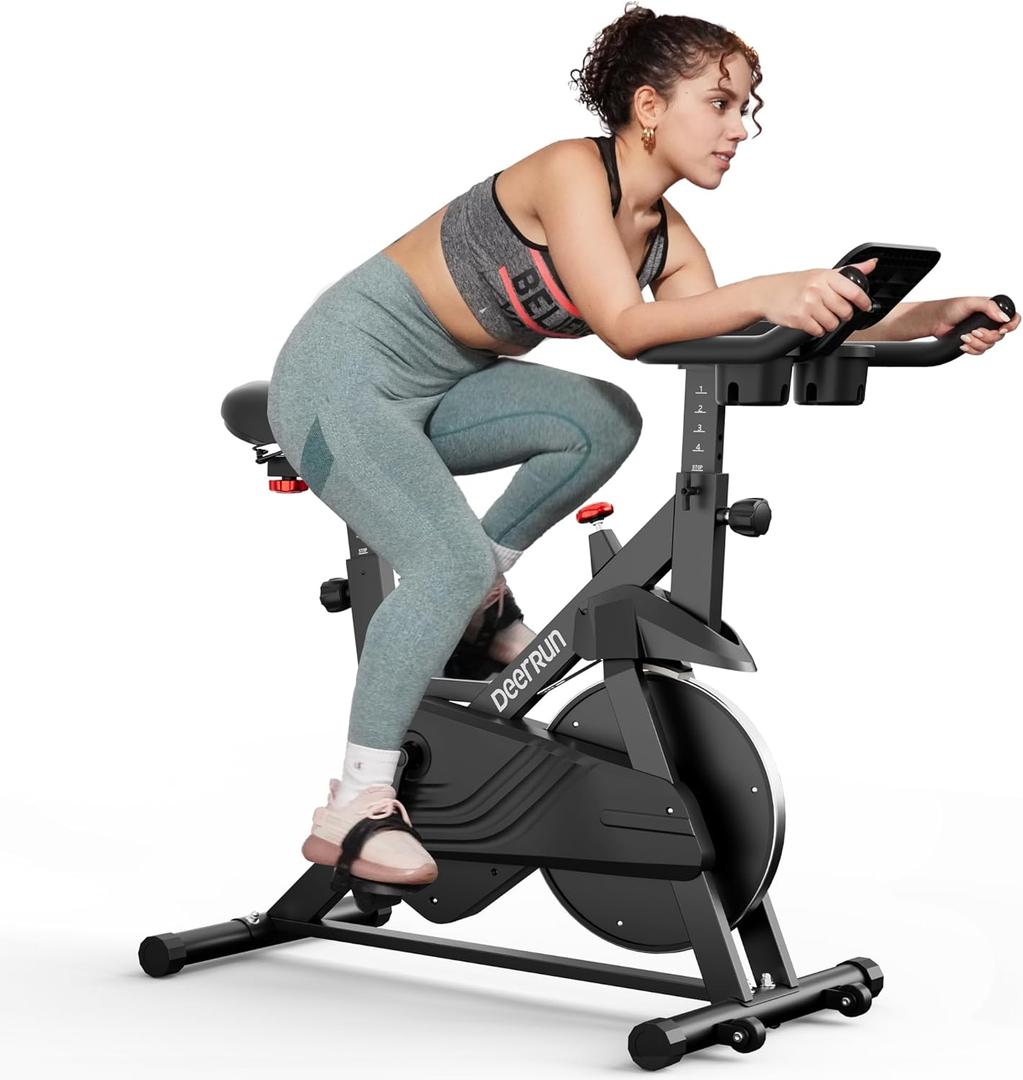 DeerRun Exercise Bike, Indoor Cycling Bike Brake Pad/Adjustable Magnetic Stationary Bike with App, Low Noise Workout Bike for Home Cardio 300lbs Weight Capacity with Pad Mount & LCD Monitor (Black/Red)