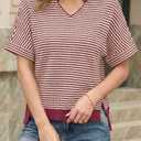 Fisoew Womens Short Sleeve Sweater Summer V Neck Striped Pullover Tops Casual High Low Loose Slit Cropped T Shirts Red (S)