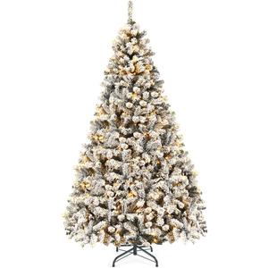 Goplus 9ft Pre-Lit Artificial Christmas Tree, Premium PVC Snow Flocked Hinged Pine Tree with Metal Stand and LED Lights, Perfect Xmas Decoration for Indoor and Outdoor