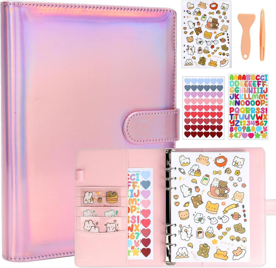 Reusable Sticker Book Collecting Album,A5 PU Sticker Collecting Book with Heart Label & Letter Label,Holographic Cover (Pink)