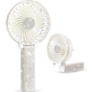 Mudder Rhinestone Handheld Fan Crystal Bling Mini Personal Bride Fan Glitter Bedazzled USB Rechargeable & Battery Operated for Women Outdoor Wedding Travel Indoor Makeup Office(White,Foldable)