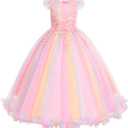 Girls Embroidery Flower Lace Long A Line Pageant Dress Floor Length Princess Prom Tulle Maxi Gown for Wedding Party Birthday (5-6 Years)