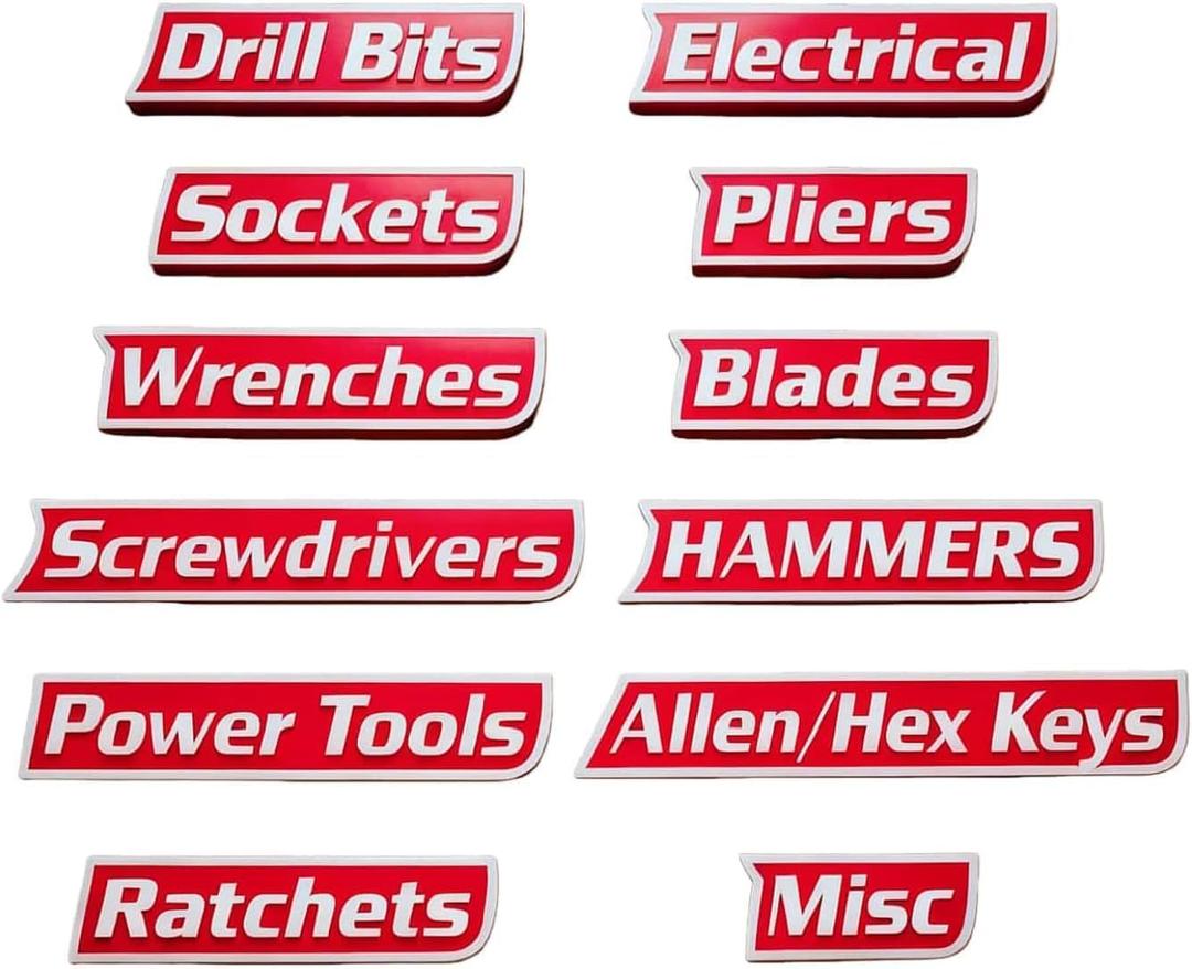 3 x Magnetic Tool Box Labels, Reusable Heavy Duty Magnetic Toolbox Labels for Garage, Workshop, Storage Bins, 12 Pcs/Red (Regular Thickness)