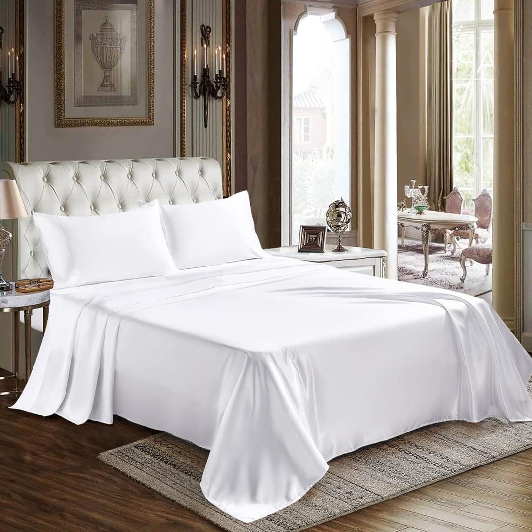 CozyLux Satin Sheets Full Size - 4 Piece White Bed Sheet Set with Silky Microfiber, 1 Deep Pocket Fitted Sheet, 1 Flat Sheet, and 2 Pillowcases - Smooth and Soft