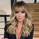 Blonde Wig with Bangs Dirty Blonde Wig for Women Long Wavy Curly Heat Resistant Fiber Synthetic for Daily Party Use (20inch)