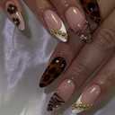 French Tips Press on Nails Medium Almond Nails Press on with 5D Rhinestones Flower Charm Design Glossy Brown Leopard Glue on Nails Tortoise Shell Fake Nail Fall Winter Nail for Women Manicure 24Pcs (Color20)