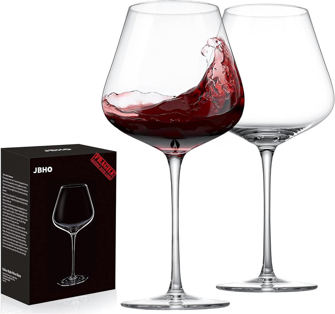 JBHO Hand Blown Italian Style Crystal Burgundy Glasses - Lead-Free Premium Crystal Clear Glass - Set of 2-21 Ounce - Gift-Box for any Occasion