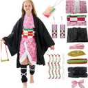 JIZAZIHU Kids Kimono Costume Cosplay Outfits Set Cloak Halloween Uniform Jackets Cape Costume for kids Adult (Pink Accessory Set, Tag 140)