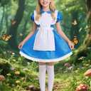 Kids Blue Dress Costume for 3-14 Years Girls Halloween Princess Costumes with Socks Hairband (150 (11-12 Years))