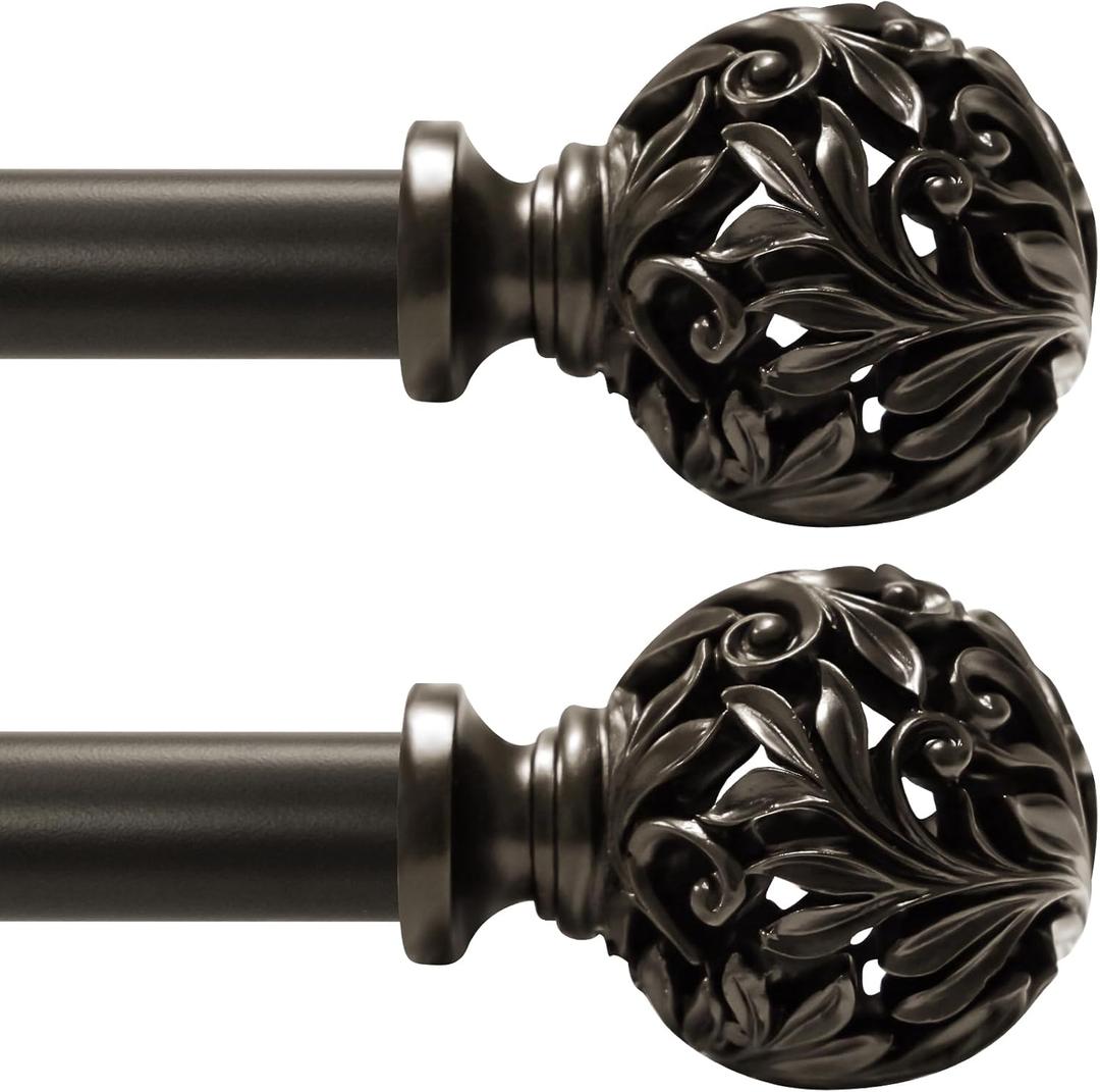 2Pack Bronze Curtain Rods 36 to 88 inch (3-7.3 ft), 1 Inch Diameter Adjustable Heavy Duty Decorative Curtain Rods with Decorative Openwork Carved finials for Living Room Bedroom Windows