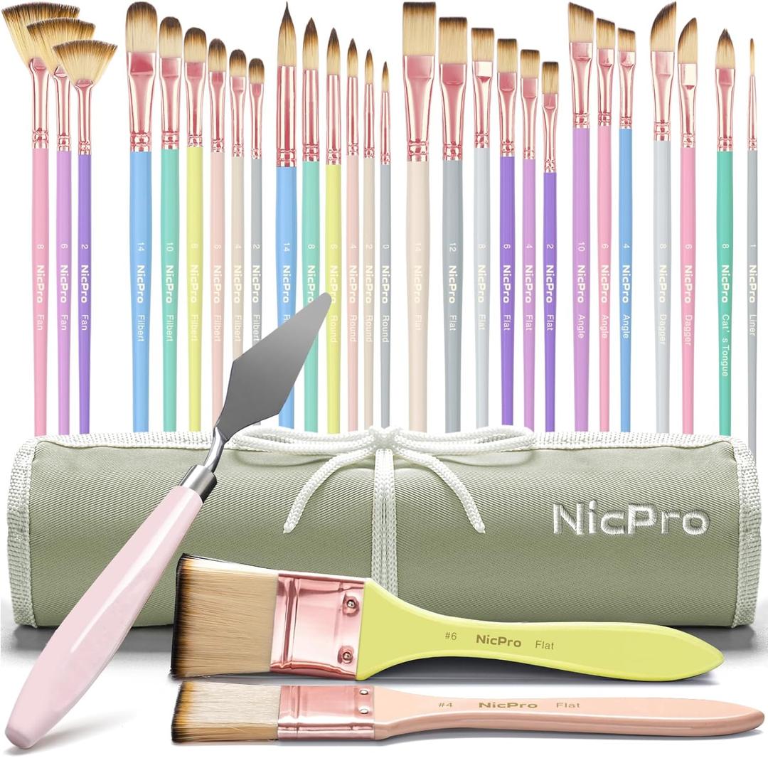 Nicpro 30pcs Paint Brush Set, Aesthetic Pastel Paintbrushes with Paint Spatula and Cloth Roll, Craft Paint Brushes for Acrylic Painting Oil Watercolor Gouache, Art Supplies for Women Artists Beginners