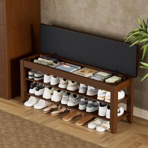 Homleke Shoe Rack Bench with Flip-Top Storage, Solid Wood Entryway Bench with Cushion, Adjustable Shelf, for Hallway, Mudroom, Closet Walnut, 39.4"
