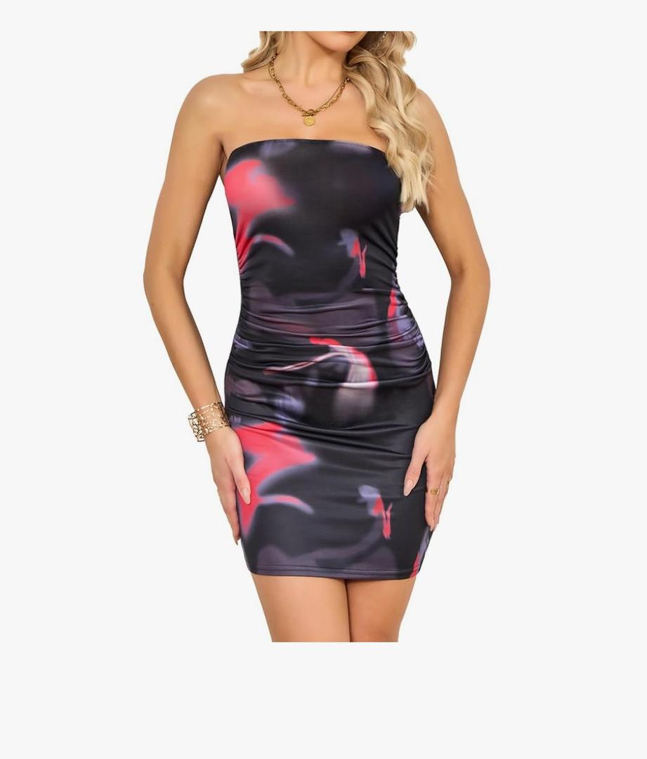 VIPONES Women's Summer Tube Dress Ruched Bodycon Y2K Slim Fit Party Club Cocktail Short Mini Floral Dresses, Size XS