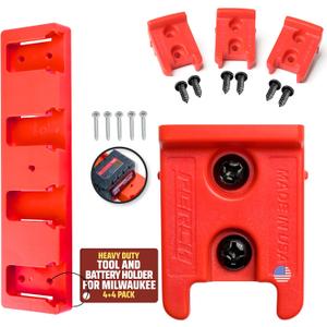 PERCH 4 Pack Milwaukee Tool Holder with 4 Pack Milwaukee Battery Holder for Milwaukee 18v Tools and Milwaukee 18v Battery