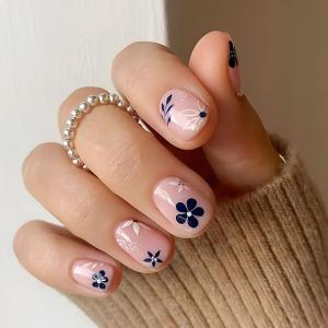 3 x 24 Pcs Press on Nails Short Square - ZIFANHU Pink Fake Nails Press ons Nail Art Tip Full Cover Acrylic Dark Blue False Nails with Five Petal Flower Glossy Design Glue on Nails for Women