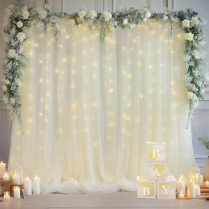 1010ft Cream White Tulle Backdrop Curtain with Lights String for Parites, Sheer Photo Curtain Backdrop Drapes for Wedding Party Photography Backgrounds (10ftx10ft, Ivory)