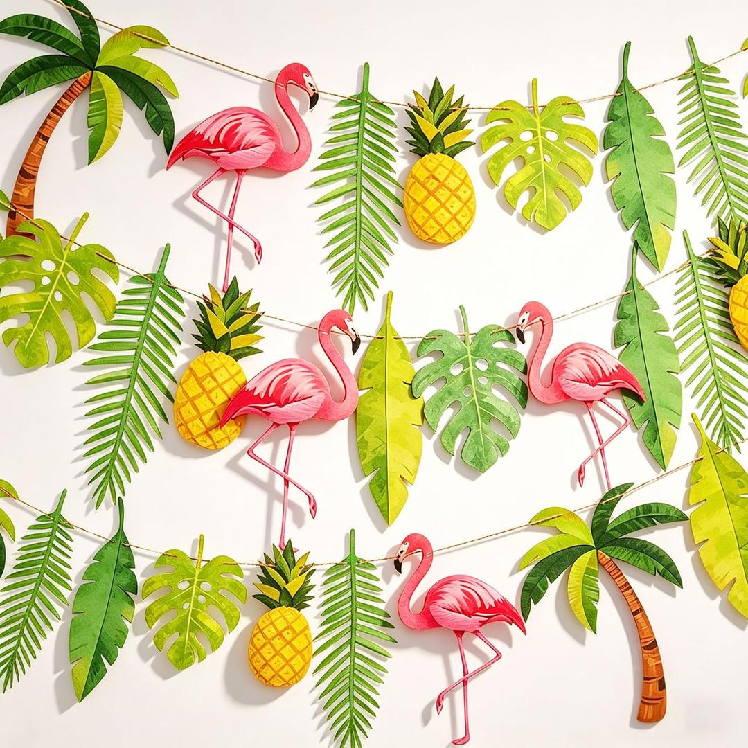 Flamingo Garland Banner 2pcs Luau Party Decorations Hawaiian Party Decorations Luau Party Banner with Pineapple, Palm Leaves for Summer Hawaii Birthday Hula Aloha Party Decor