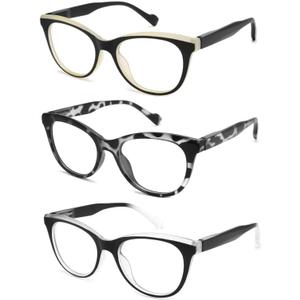 3-Pack Blue Light Blocking Reading Glasses for Women Spring Hinge, Full Frame Cat Eye Readers 3 Pack Mix Color 2.75x