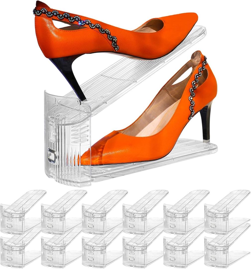 12pcs Adjustable Shoe Rack Organizer Space-Saving Slipper Holder Multi-Purpose Shoe Slots Shelf for High Heels Sneakers Anti-Slip Design