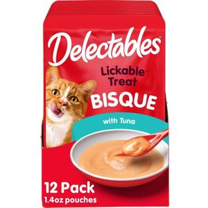 Delectables Lickable Treat Bisque Wet Cat Treat with Real Tuna, Food Topper, Hydrating, Grain-Free, No Fillers, By-Products, Added Preservatives, 1.4oz Pouch, 12ct, BB DEC 26 2027
