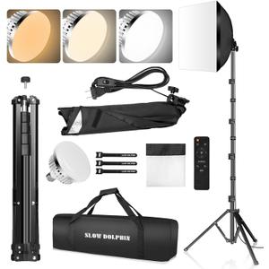 SLOW DOLPHIN Photography Studio Softbox Lighting Kit with 16"X16" Softbox and 3 Colors Temperature 85W LED Bulb with Remote,Professional Photo Studio Equipment for Portrait,Video YouTube (1PACK)