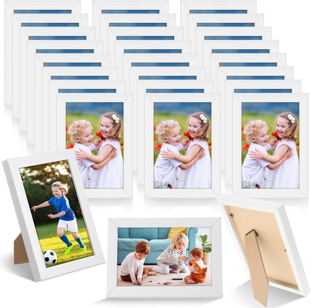 Roowest Set of 24 Picture Frame Bulk with Acrylic Sheet 4 x 6 Inch Wood Photo Frames with Invisible Nail and S Hooks for Wall Table Top Display(White)
