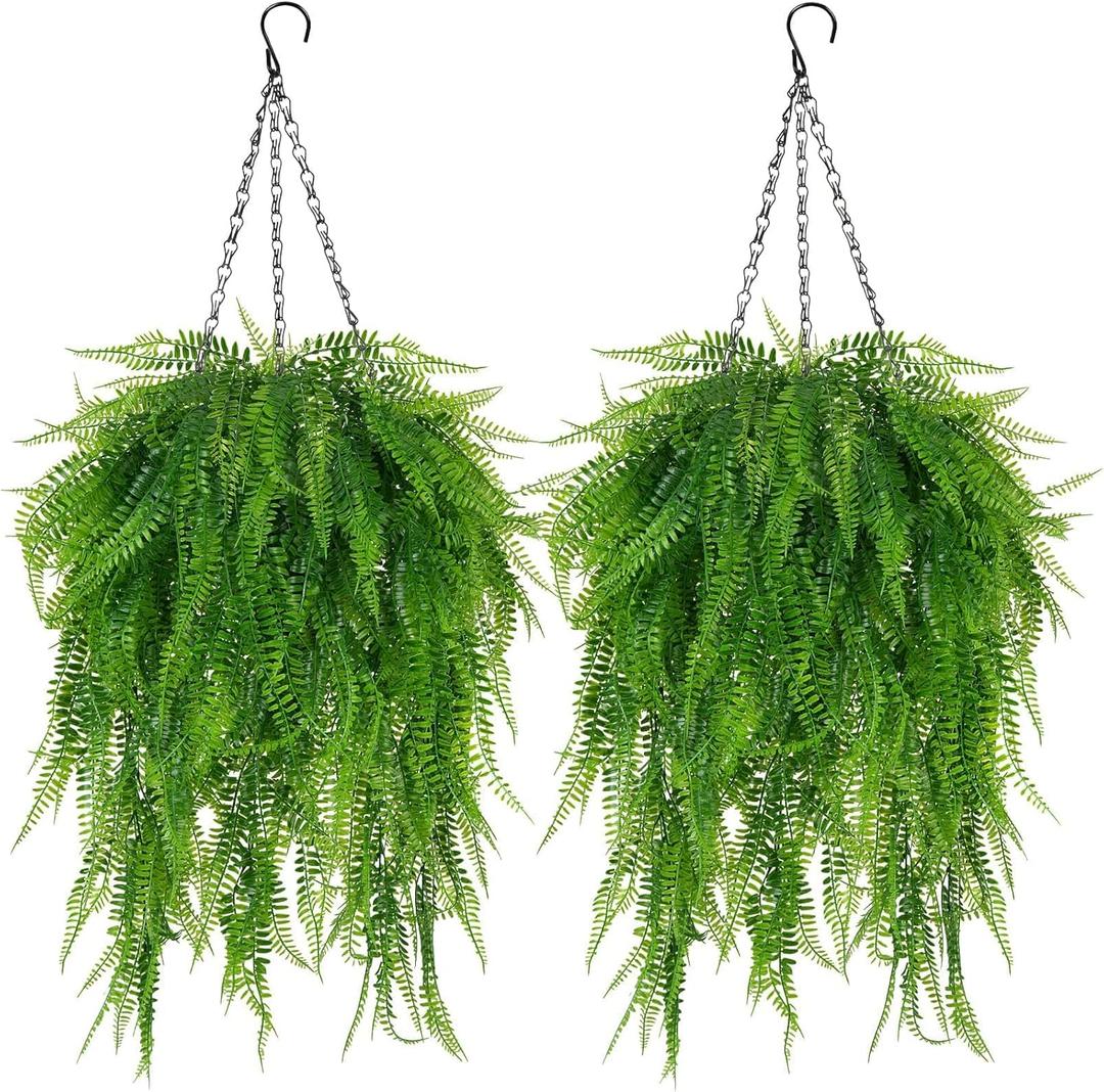 Fake Hanging Plant Outdoor Artificial Boston Fern Hanging Baskets 2 Set Fake Ferns Hanging Plants Artificial Decor 23.6" Artificial Hanging Ferns for Outdoors Front Porch Patio Garden Home