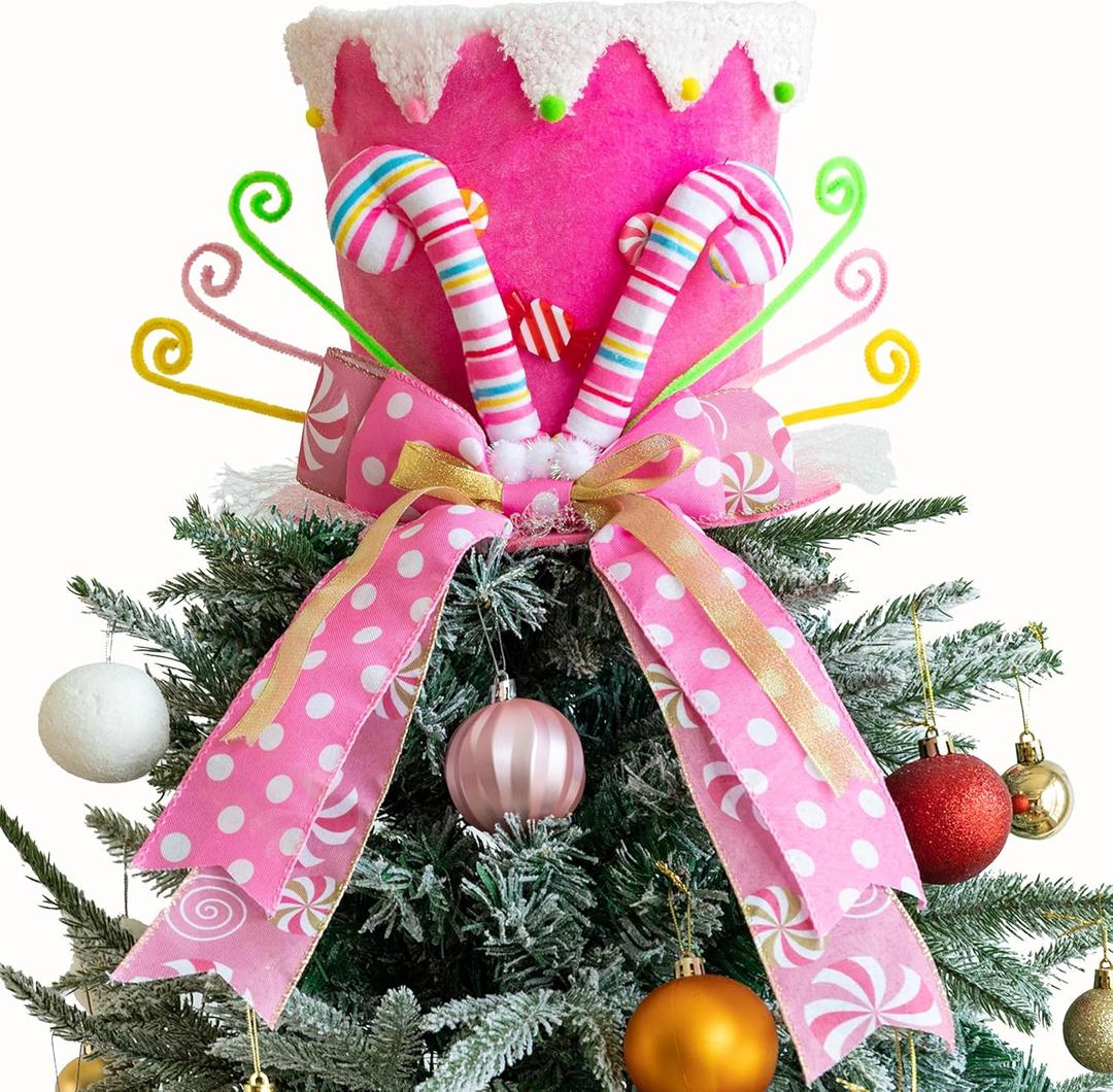 Christmas Tree Topper Hat, Candy Canes Tree Topper, Pink Tree Topper Christmas Decorations with Bow Ribbon Christmas Tree Ornaments for Home Decor