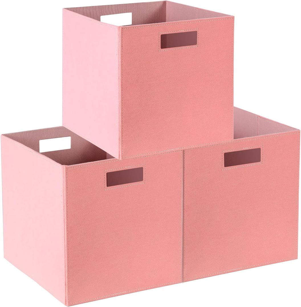 Foldable Cube Storage, 3 Packs, Collapsible Storage Bins with Dual Handles, Felt Storage Baskets for Bedroom, Playroom, Shelves, Nursery Closet Organizers 12 x 12 Inch, Pink