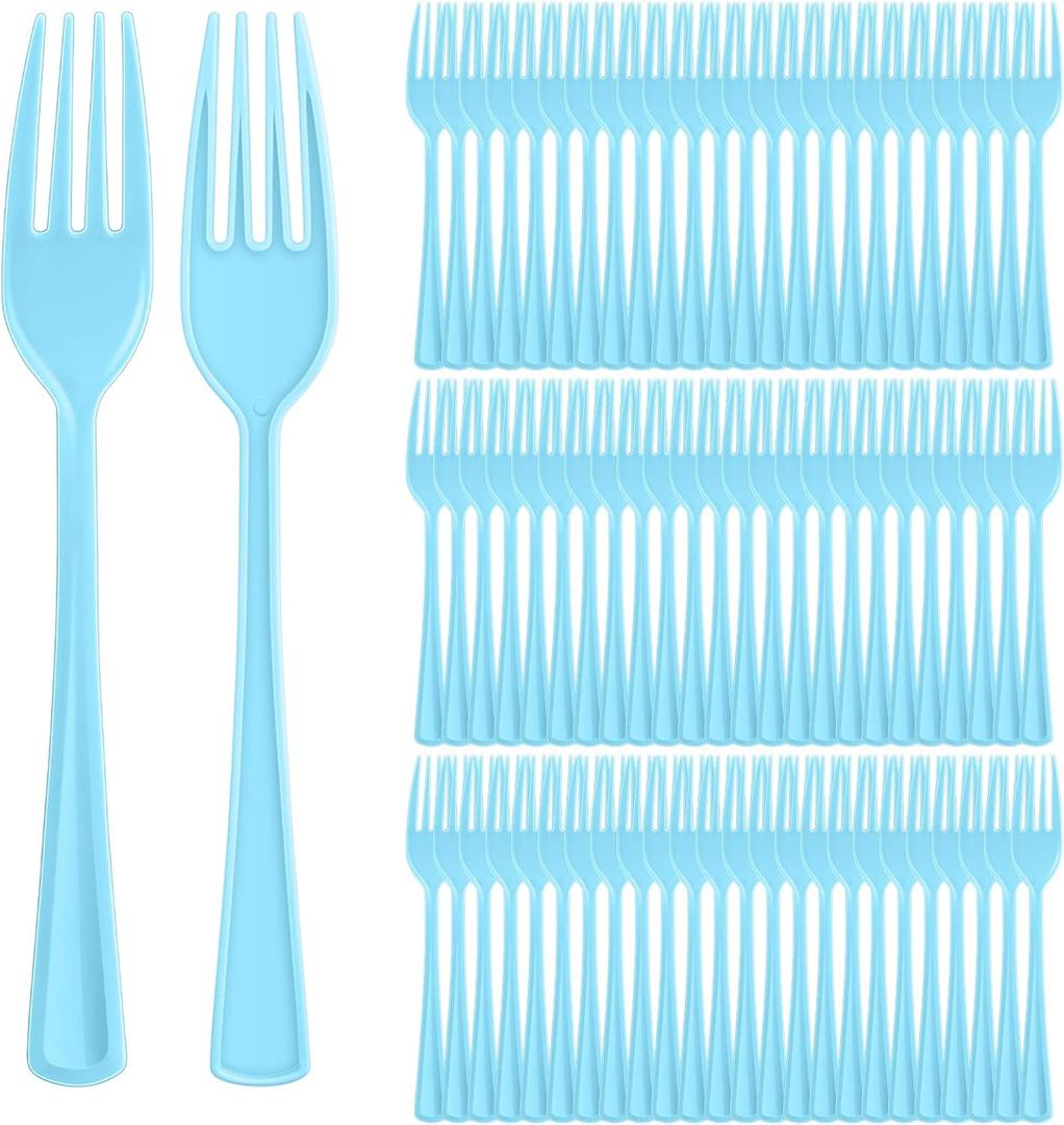 Roshtia 100 Pcs Light Blue Plastic Forks Light Blue Forks Disposable Utensils 7.3 Inch Heavy Duty Cutlery Set Disposable Cutlery Sets for Graduation Party Teacher Appreciation Birthday Wedding Outdoor