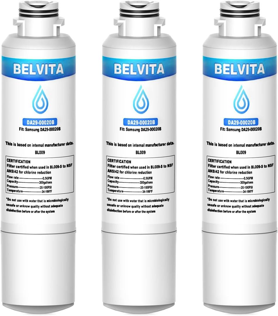 BELVITA Refrigerator Water Filter, Compatible with DA29-00020A/B, DA29-00020B-1HAF-CIN/EXP, RF28HFEDBSR, RF263BEAESR, RF263TEAESG, RF28HDEDBSR, HAF-CIN, RF4287HARS,RF4267HARS, 3 Pack