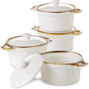 ONEMORE Ramekins with Lids, 12 oz Ceramic Small Casserole Dish with Handles & Brown Rim for Baking Soup, Speckled Oven Safe Mini Dutch Oven Rustic Cocotte Set of 4 for Individual Serving, Creamy White