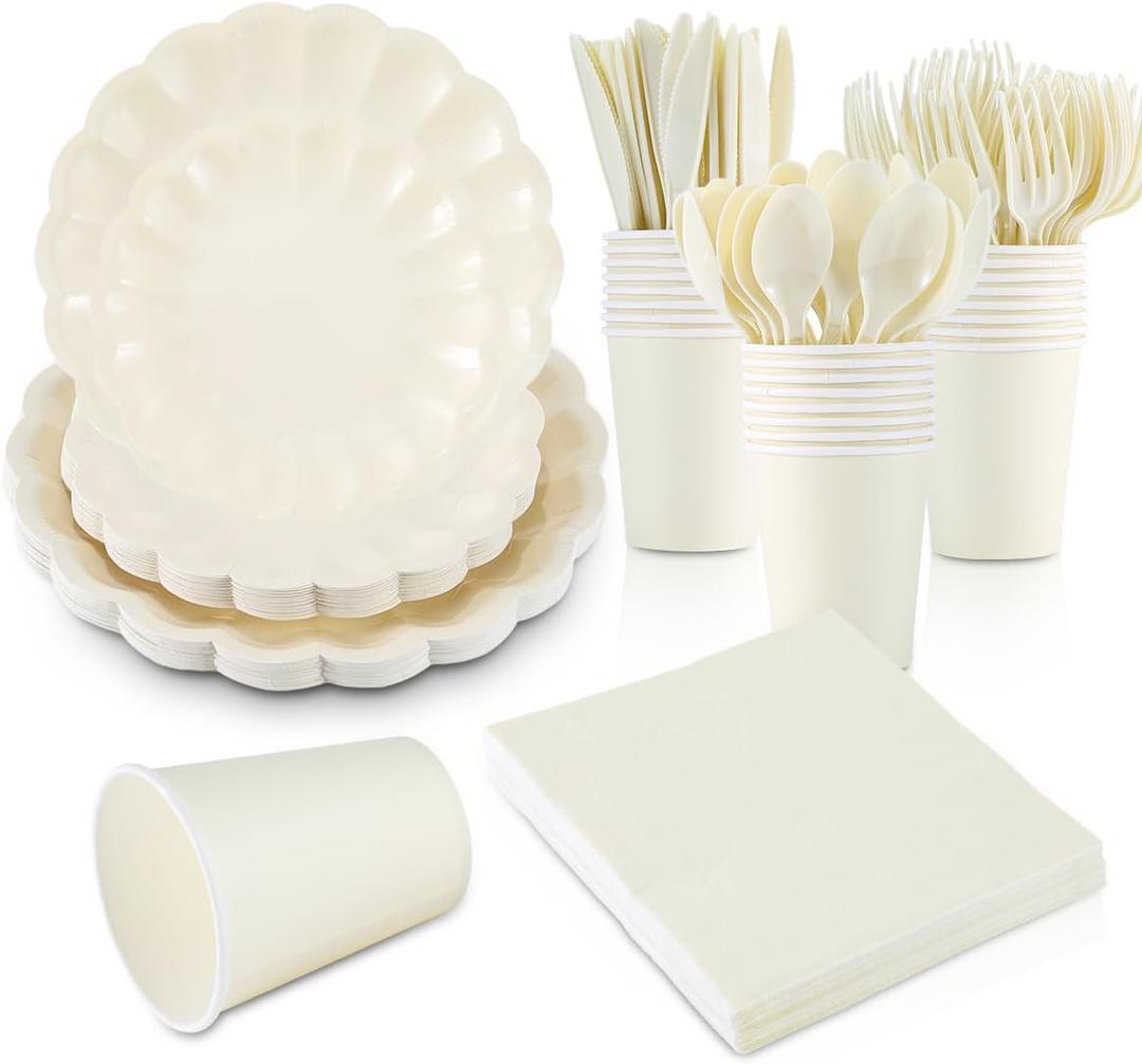 168Pcs Party Plates and Cups and Napkins Sets for 24 Guest Scalloped Paper Plates and Napkins Knives Spoons Forks Cups Disposable Party Set Cutlery for Dinner Baby Shower Wedding Favor(Cream White)