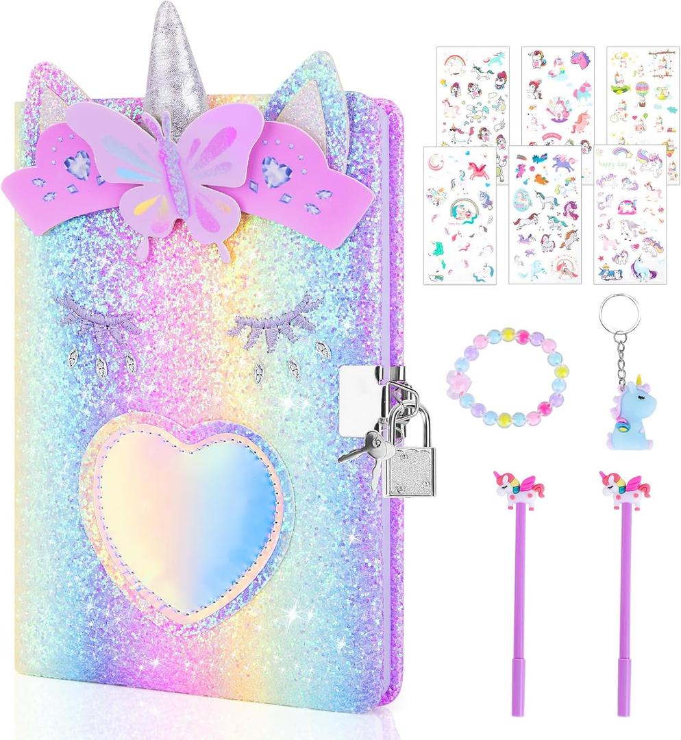 homicozy Unicorn Diary with Lock,Gift for 6 7 8 Year Old Girl,Glitter Seceret Journal for Kids with 160 Pages,Shiny Notebook for Writing and Drawing,Cute Stationery Back to School Gift