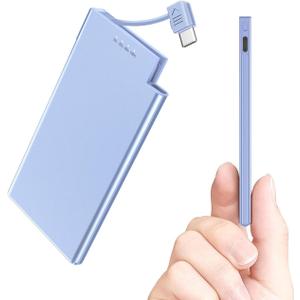 Auskang USB-C Portable Charger with Built in Cable-5000mAh Slim Power Bank Compatible with iPhone16 15 Series/Samsung/Google Pixel/Android Phones etc/Thin Battery Pack for Travel