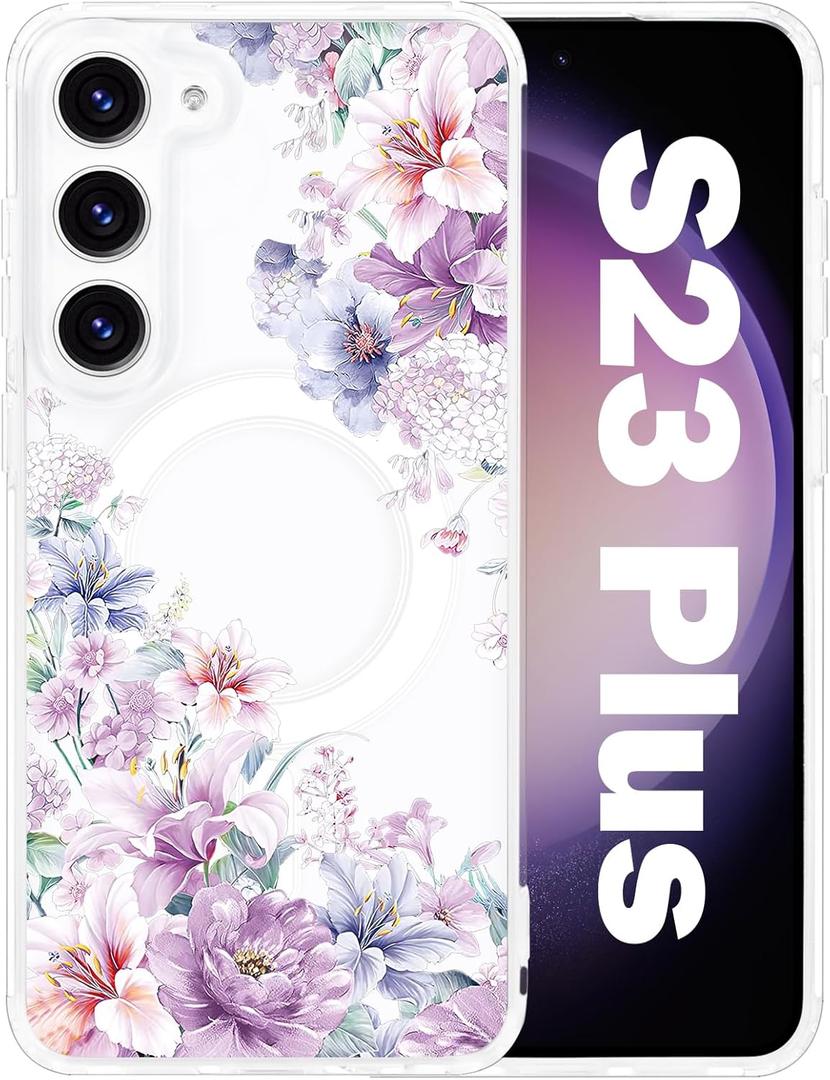 for Samsung Galaxy S23 Plus Magnetic Crystal Clear Flower Case MagSafe Hard PC Back Soft TPU Edges Slim Thin Shockproof Floral Pattern Phone Cover Girls Women Galaxy S23+ 6.6'', Hydrangea