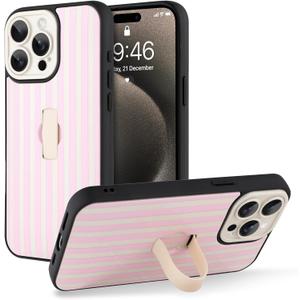 KANGHAR for iPhone 15 Pro Max Case Stand White and Pink Stripes Full Body Rugged Shockproof Protection Glossy Protective Slim Case 6.7 Inch