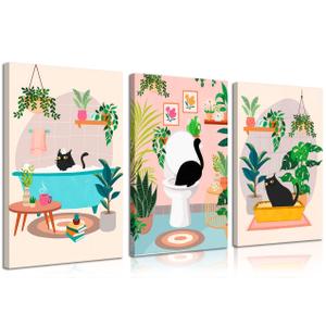 3pcs Black Cat Bathroom Canvas Wall Art Funny Cute Vintage Cats Wall Decor Pictures Green Plants Black Cat Posters Prints for Bathroom Toilet Decoration Ready To Hang