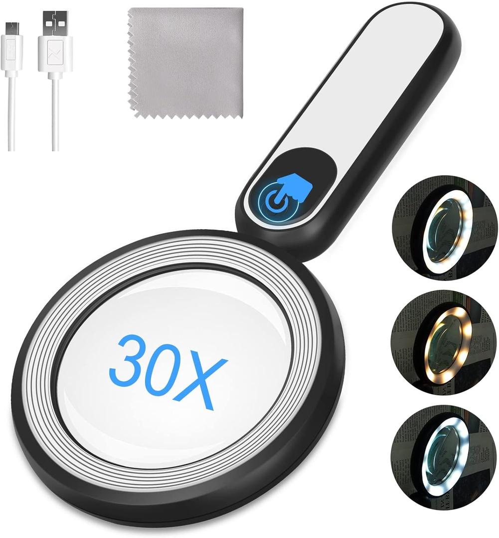 Rechargeable Magnifying Glass with Light, 30X 4.7IN Handheld Large Lightweight Lighted Magnify Len 21 LED 3 Modes Illuminated Book Magnifier forSenior,Reading,Inspection,Coin,JewelryChristmasGift (Black+white)