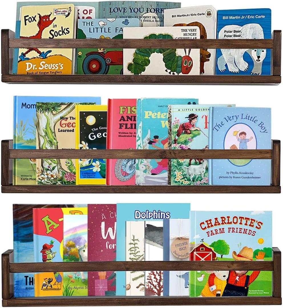 AZSKY Nursery Book Shelves 24 Inch Deep Walnut Floating Bookshelf for Kids Room Wall Mounted Floating Shelves Solid Nursery Bookshelf Perfect Decor for Kitchen Bedroom Living Room Set of 3