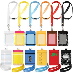 Harloon 6 Pcs Teacher ID Badge Holder with Lanyard Teacher Appreciation Gifts PU Cute Composition Notebook Pencil Crayon Apple ID Badge Holder for Teachers' Day Stuff Office Graduation Gift (Colorful)